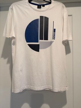 BOSS White Short-Sleeve Tee with Navy and Black Geometric Print